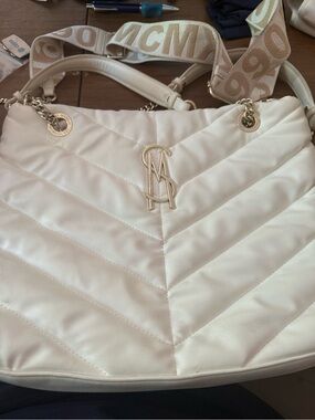 Steve Madden Cream Quilted Shoulder Tote with Branded Strap & Zip Wallet